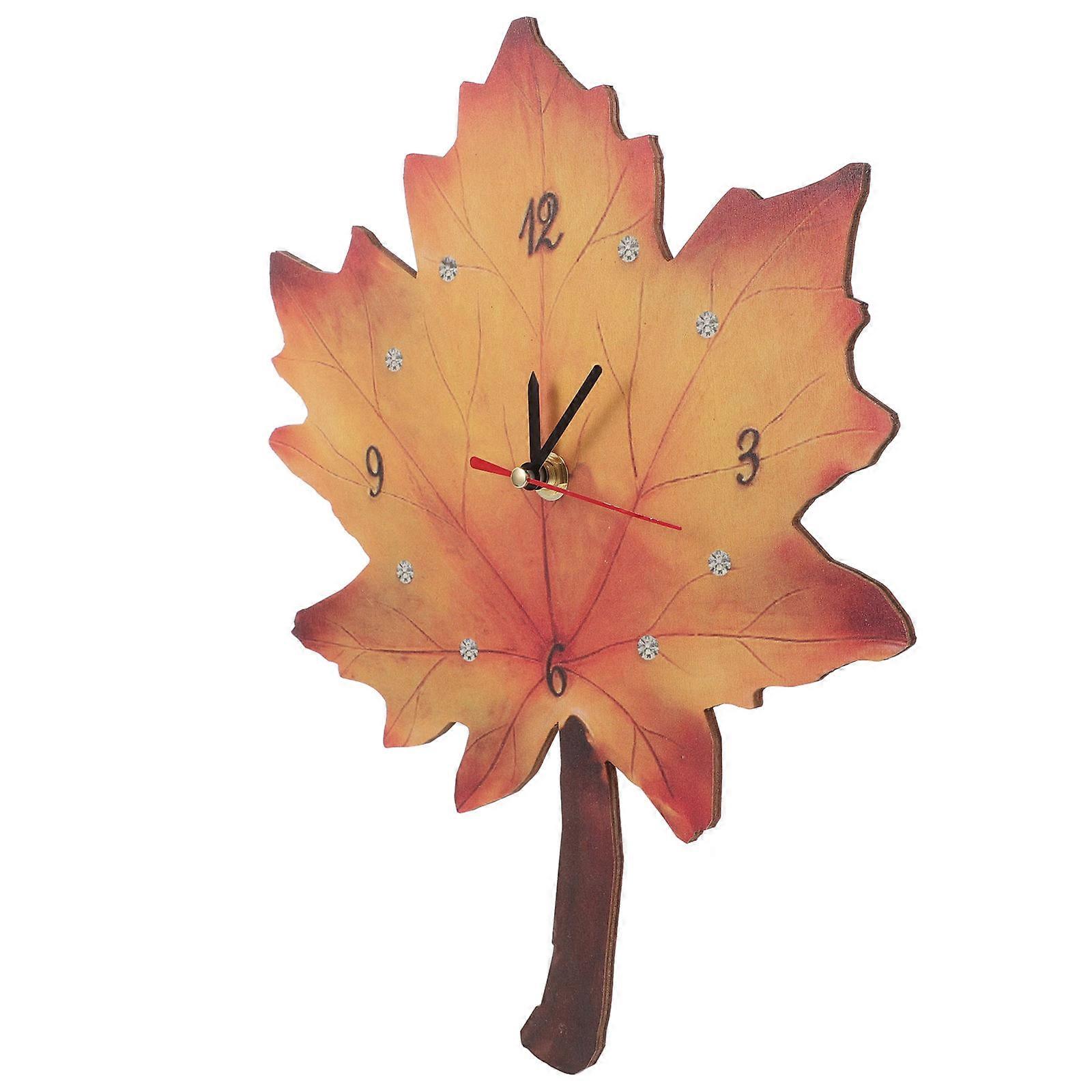 Yellow Maple Leaf Wall Clock for Household Use 1Set Wooden Hanging Clock