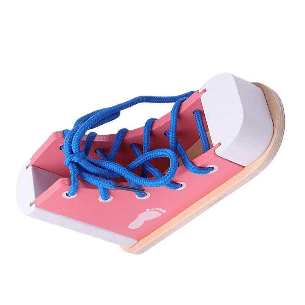 Wooden Lacing Shoe Toy Learn to Tie Shoes Early Education Kit Pink 5.9x3.3x2in Develop Fine-Motor Skills 1Set