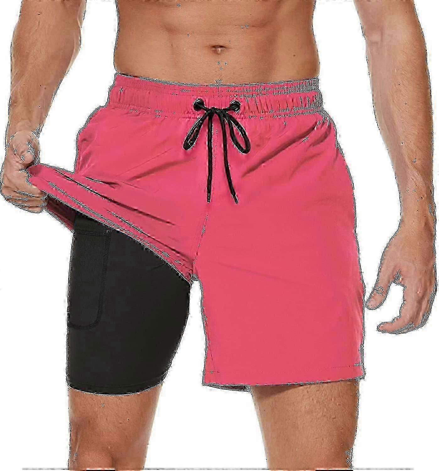 Men's Swim Trunks With Compression Liner 2 In 1 Quick Dry Mens Swim Shorts With Boxer Brief Lined Surfing Stretchy Beach Shorts
