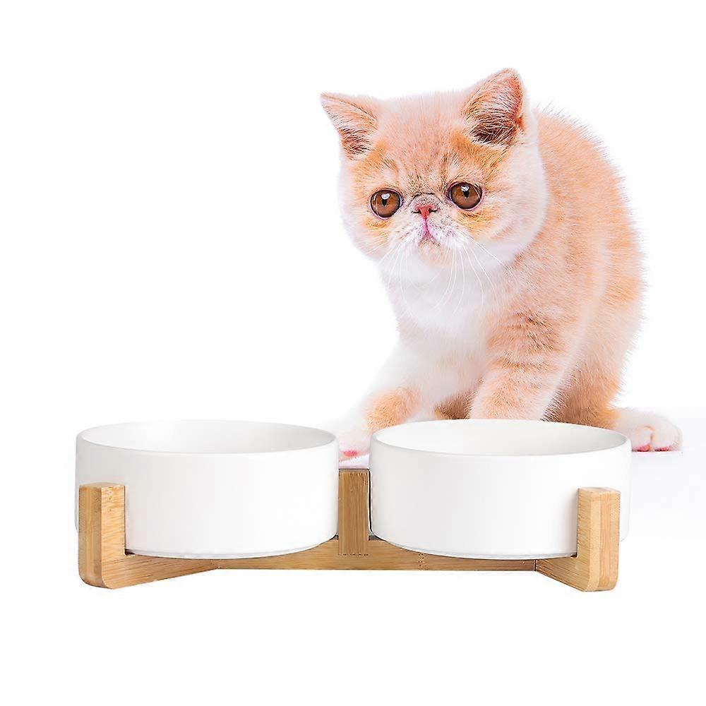 Cat Feeding Bowl Set of 2 with Wooden Stand Double Cat Bowl Ceramic for Water and Food Small Dog Bowl 2 x 480 ml White x 2