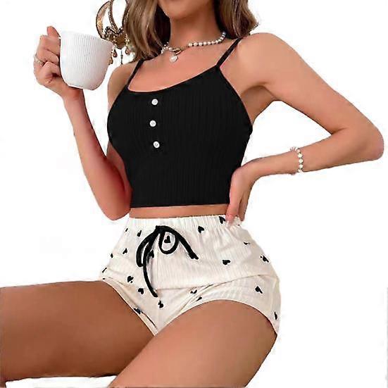 Women's Cami Pajama Set Summer Sleeveless Crop Top And Heart Print Shorts Sleepewear 2 Piece Ribbed Knit Pjs Lounge Set
