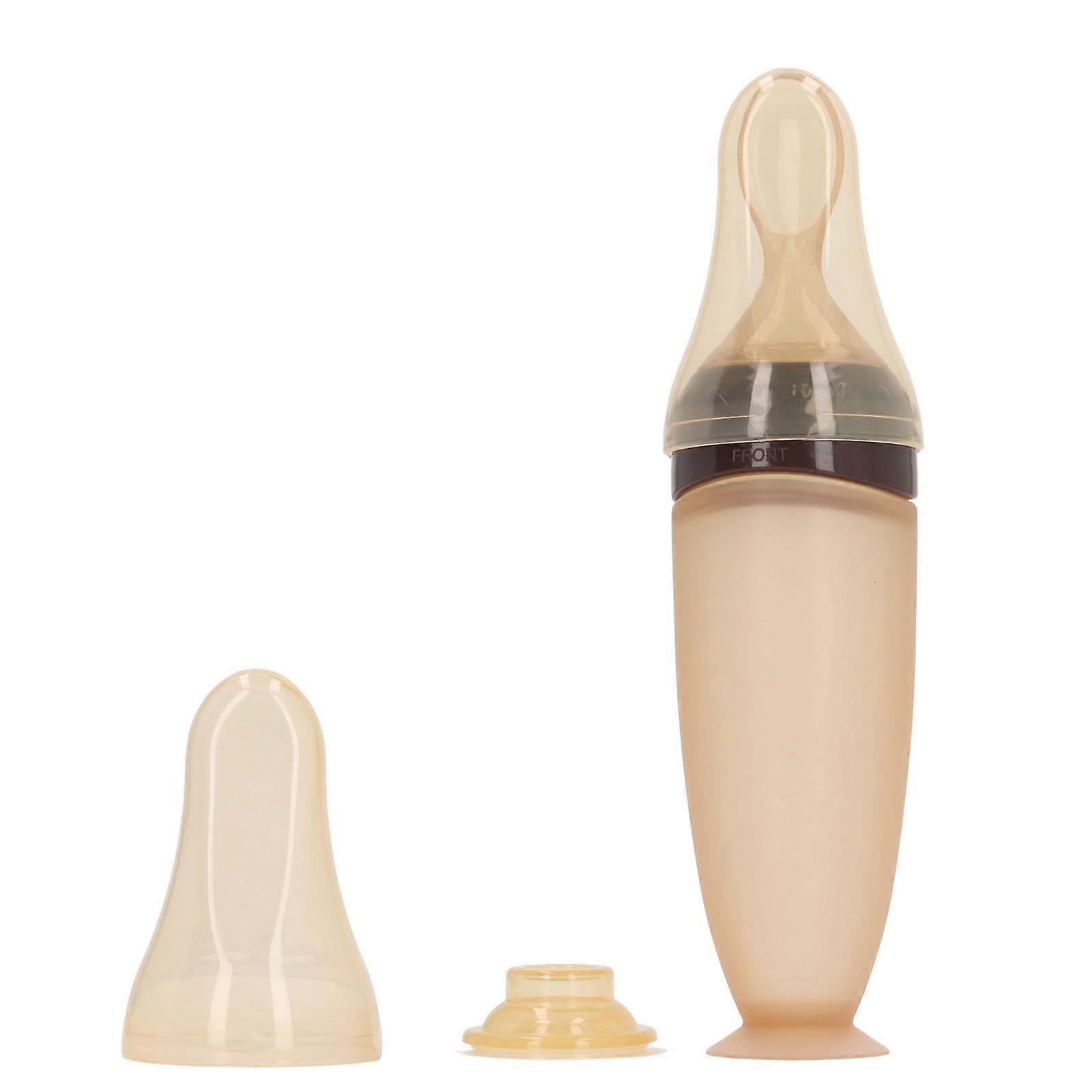 Baby Food Feeder Spoon with Dust Cover Silicone Soft Supplementary Spoon Tool Squeeze Cereal Feeder for Toddlers Kids Coffee Color