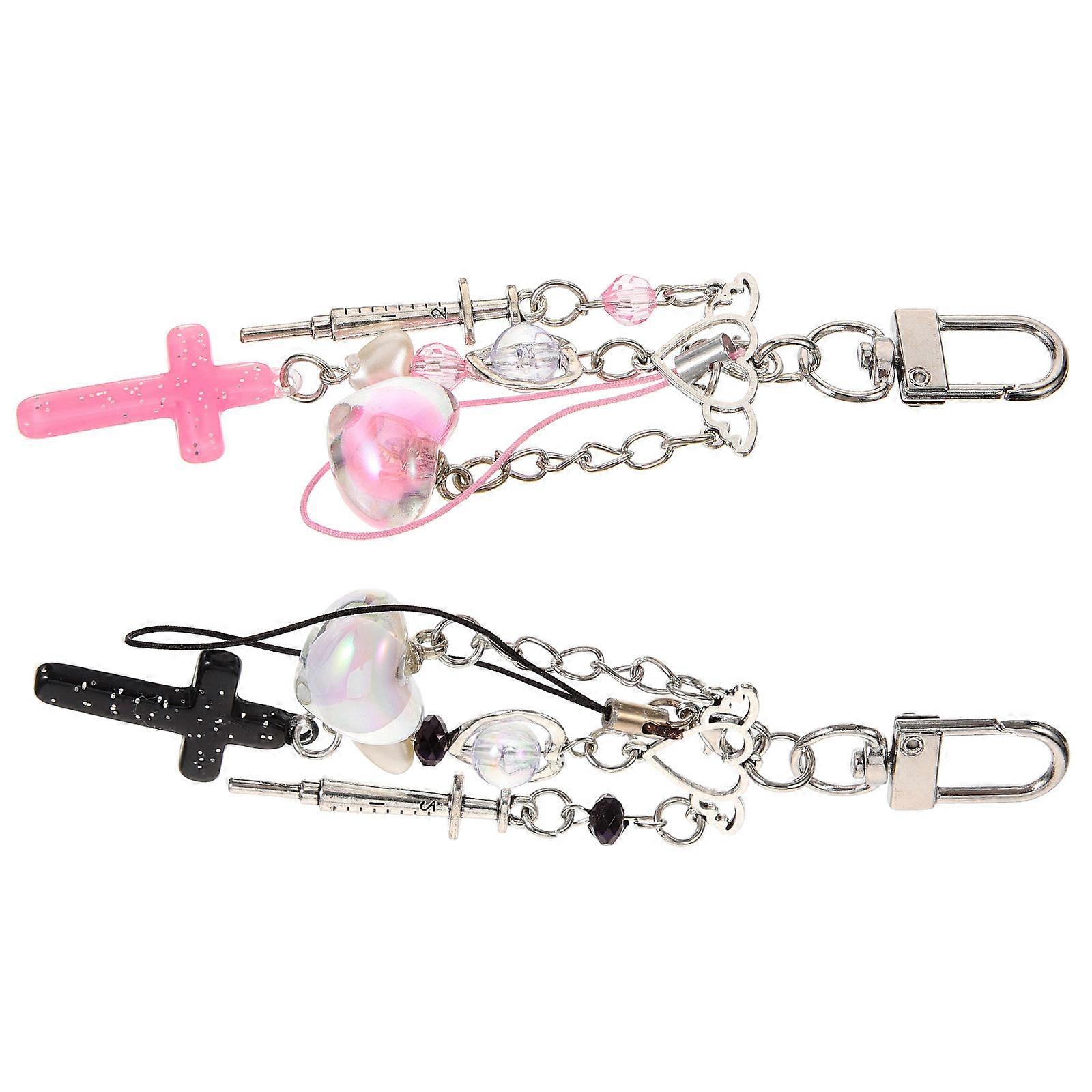 Cute Heart Design Alloy Keychain with Phone Strap Function Great for Decor Assorted Color 2pcs