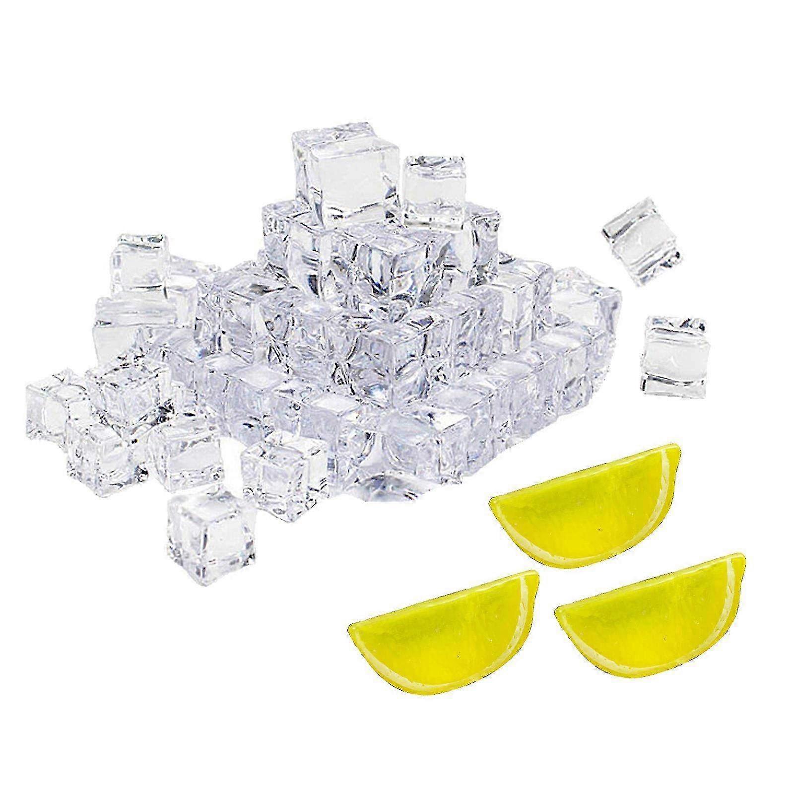 30 Fake Ice Cubes & 3 Yellow Lemon Slices - Realistic PVC Ice Cubes (1.7 cm Diameter) & Decorative Plastic Lemon Quarters for Drinks