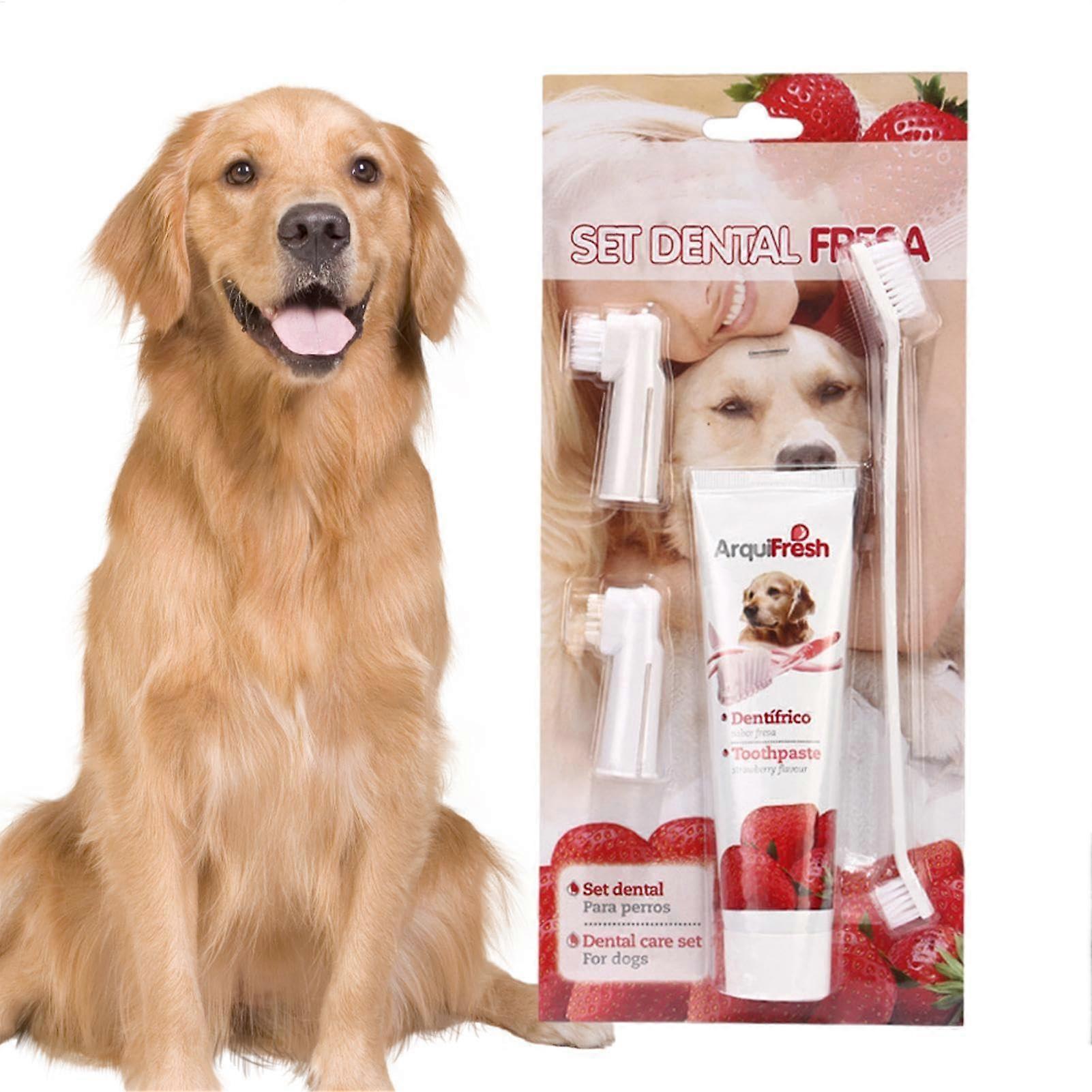 Dog Toothpaste and Toothbrush Set - Edible Natural Plant Extracts, Powerful Strawberry Flavor for Pet Oral Care