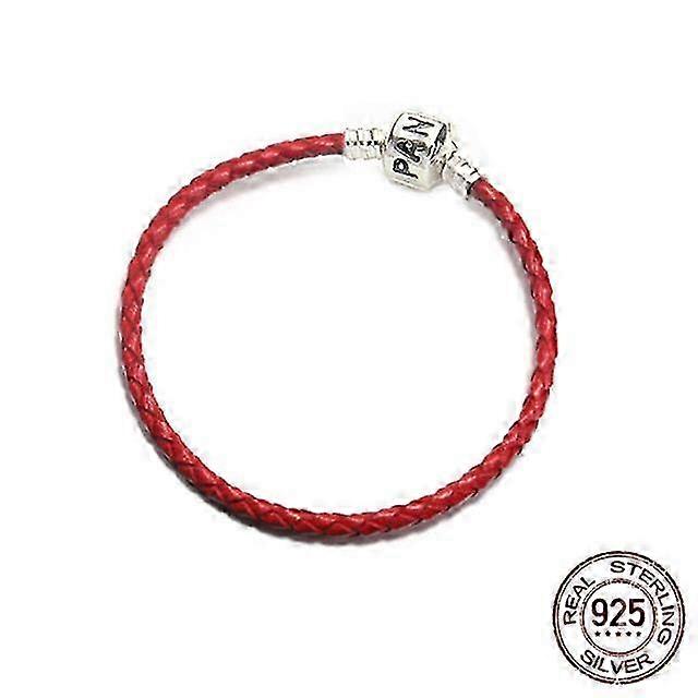 Sterling Silver 925 Red Leather Cord Bracelet fit Original Charm Beads Simple manner DIY Fine Jewelry for Women