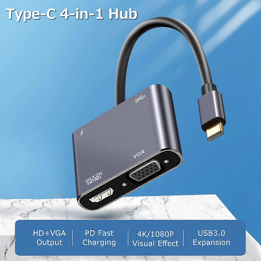 Multifunctional 4-in-1 Type-C Hub Type-C Converter Aluminum Alloy Shell up to 4K Resolution HD+VGA+USB3.0+PD Charging Ports
