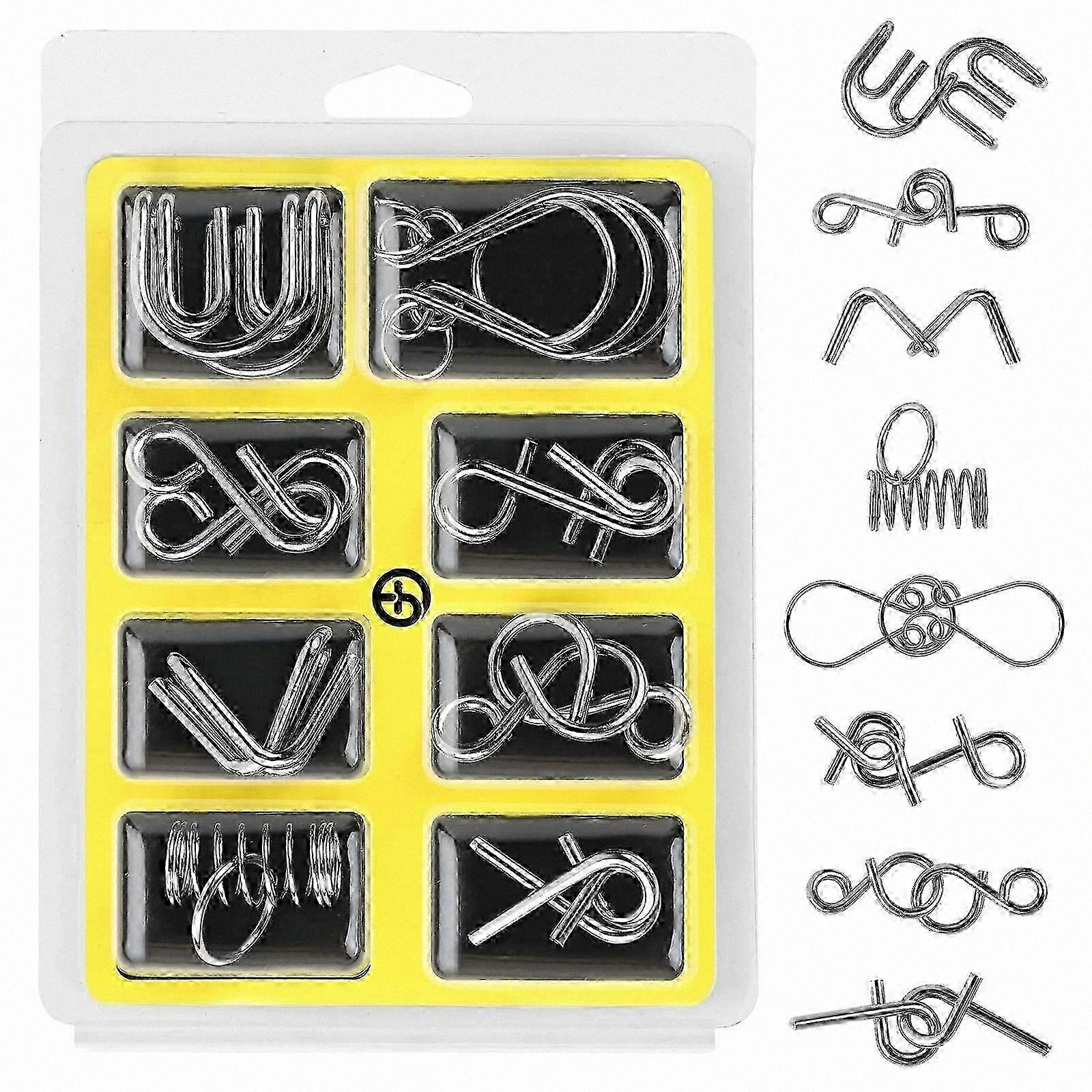 8-Piece Metal Wire Puzzle Set, Classic IQ Challenge Brain Teasers, Mini Mind Game Collection for Gifts and Cognitive Development