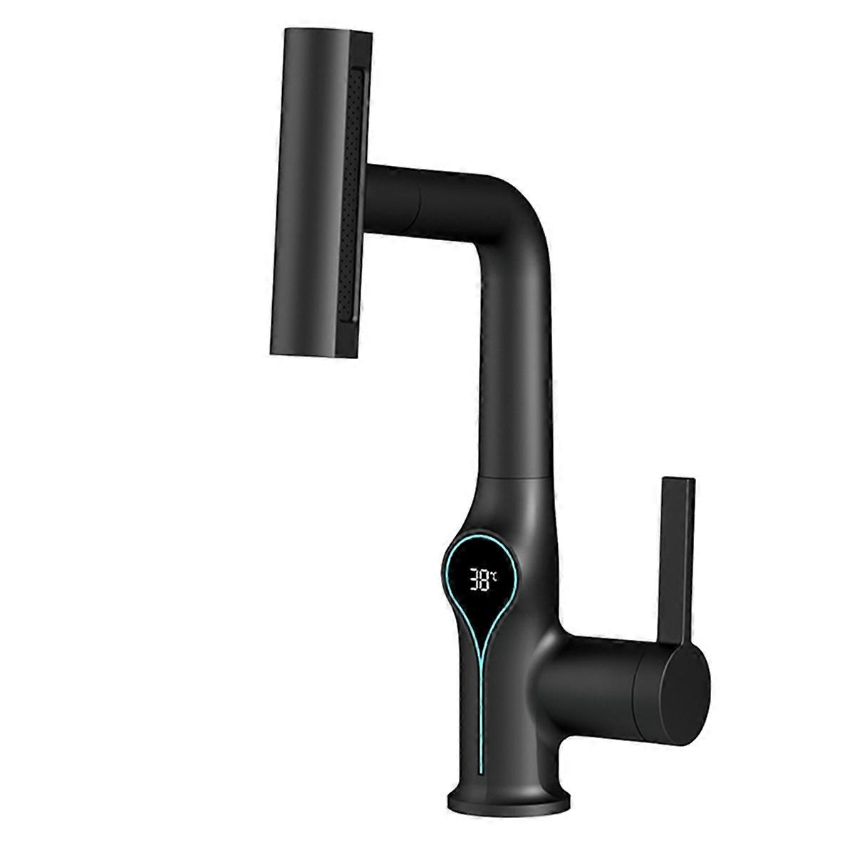 Waterfall Temperature Digital Display Basin Faucet Lift Up Down Stream Cold Water Sink Mixer Tap for Bathroom Black