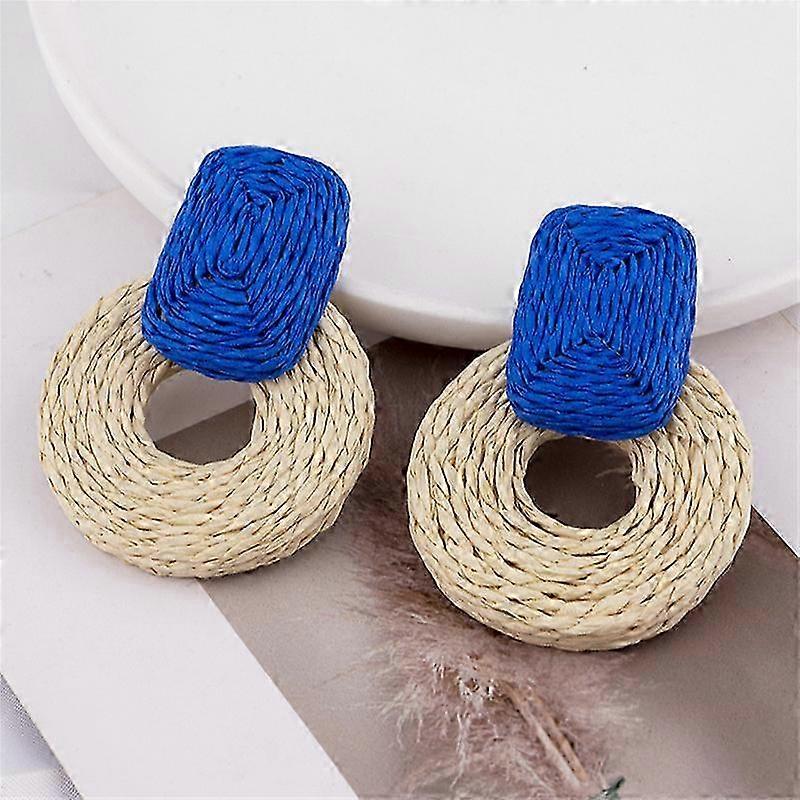 Statement Raffia Round Earrings - Boho Drop Handmade Straw Earrings -Geometric Dangle Earrings for Womengirls