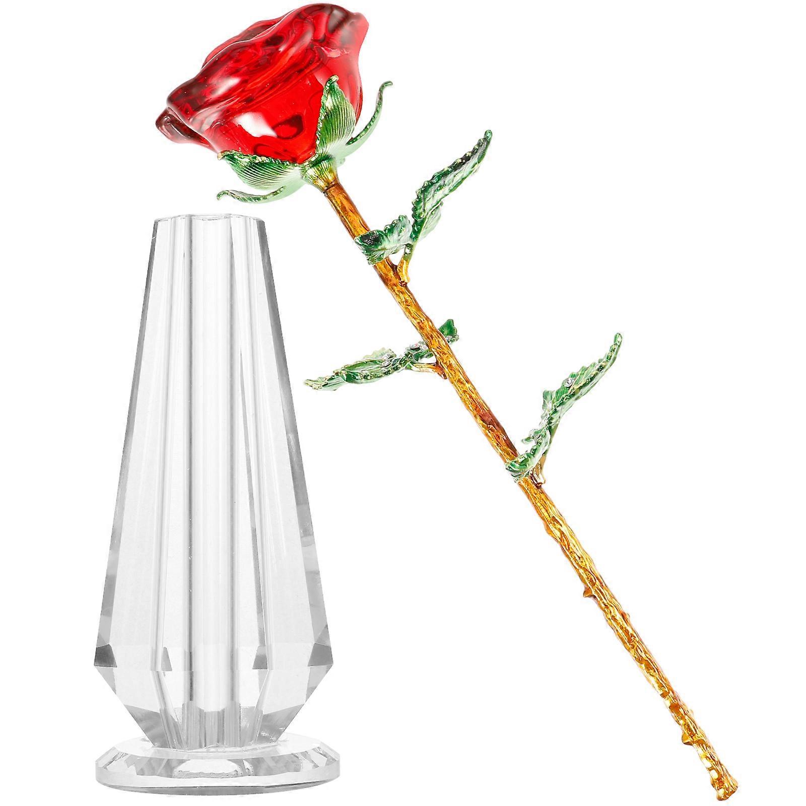 Crystal Rose Flower for Decor 1Set Red Crystal Rose Ornament with Vase