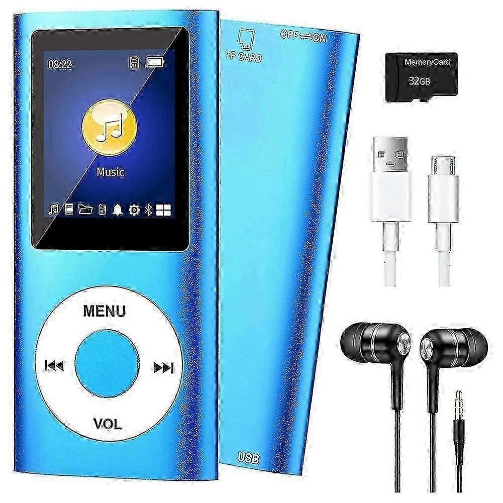 MP3 Player with Bluetooth 5.0, Music Player with 32GB TF Card,FM,Earphone, Portable HiFi Music Player (Blue)