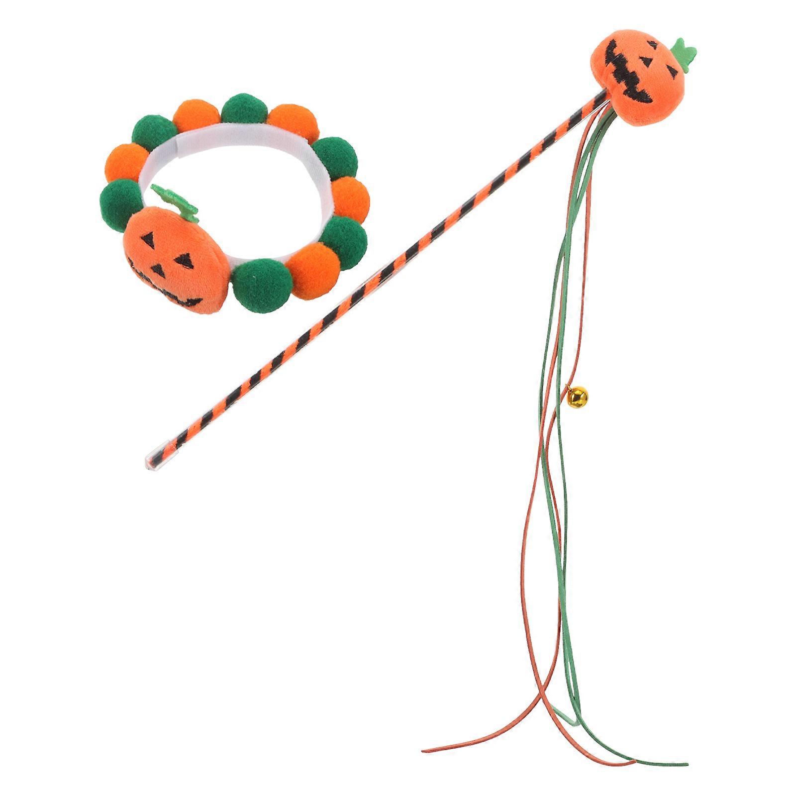 Interactive Pumpkin Design Cat Collar And Teasing Stick For Pet Owners To Celebrate Halloween With Various Sizes 5Set