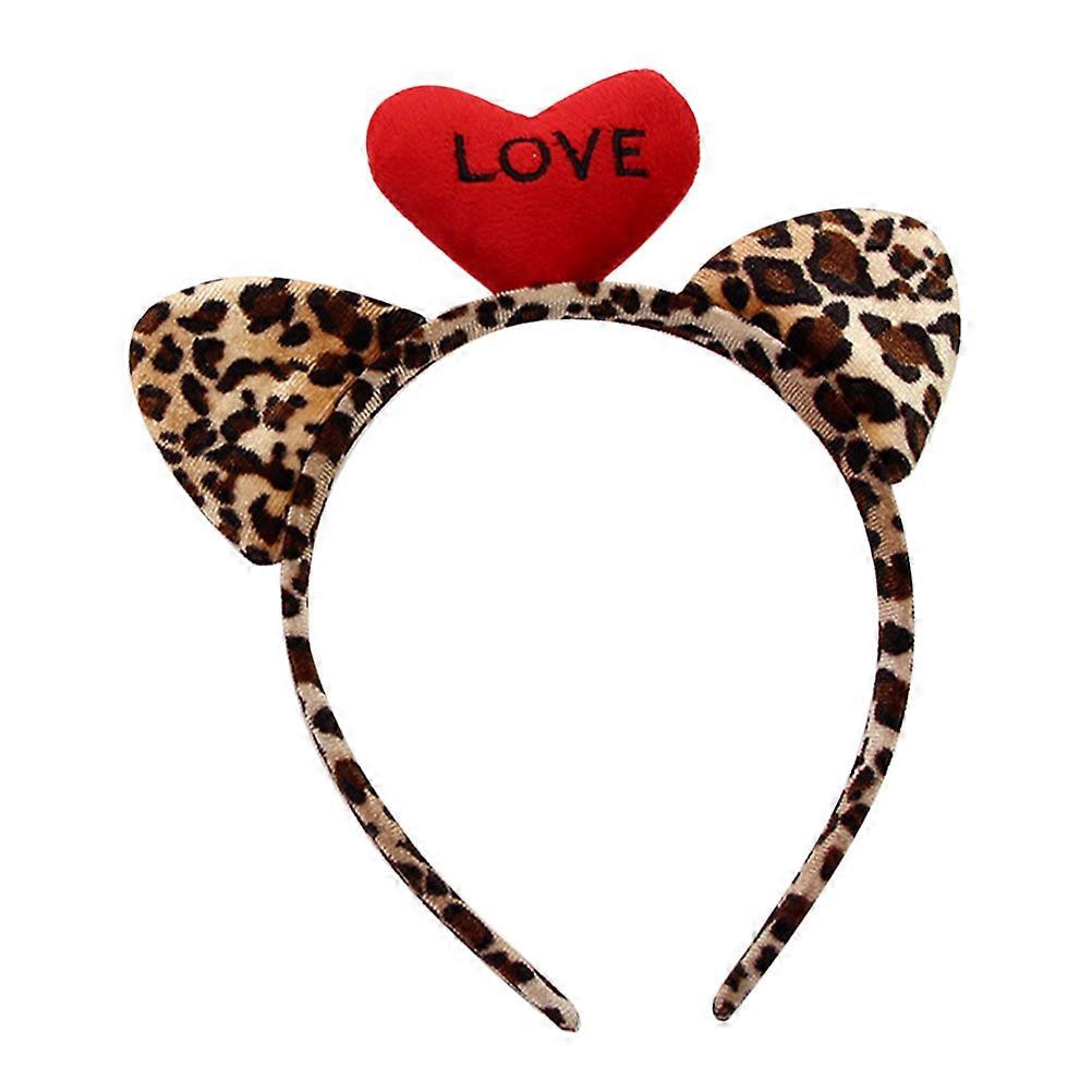 5Pcs Valentines Day Leopard Print Cat Ears Headband with Heart Plush