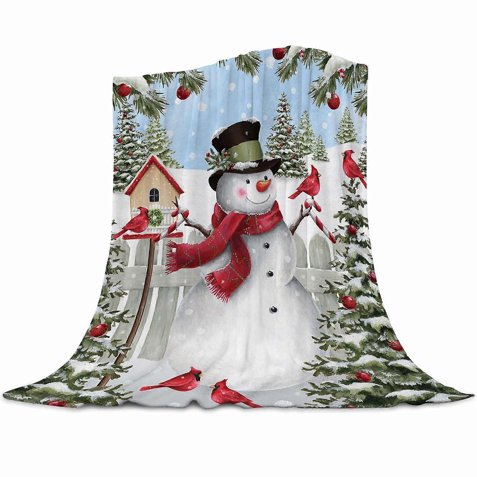 Christmas Fleece Blanket For Bed, Snowman And Birds Pattern, 150x200cm Flannel Throw, Super Soft Plush For Kids