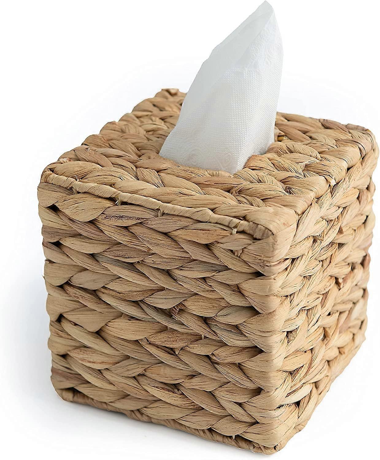 Boho Style Wicker Tissue Box Cover - Square Decorative Holder for Table and Bathroom (Square)