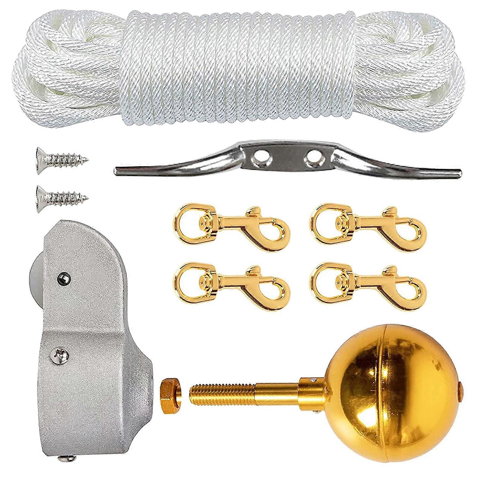 Conjunto de acessórios reforçados para mastro de bandeira com esfera anodizada de 3 polegadas, polia de nylon de 2 polegadas para caminhões, para mastros de bandeira externos de 1,6 a 2 polegadas, cor dourada.
