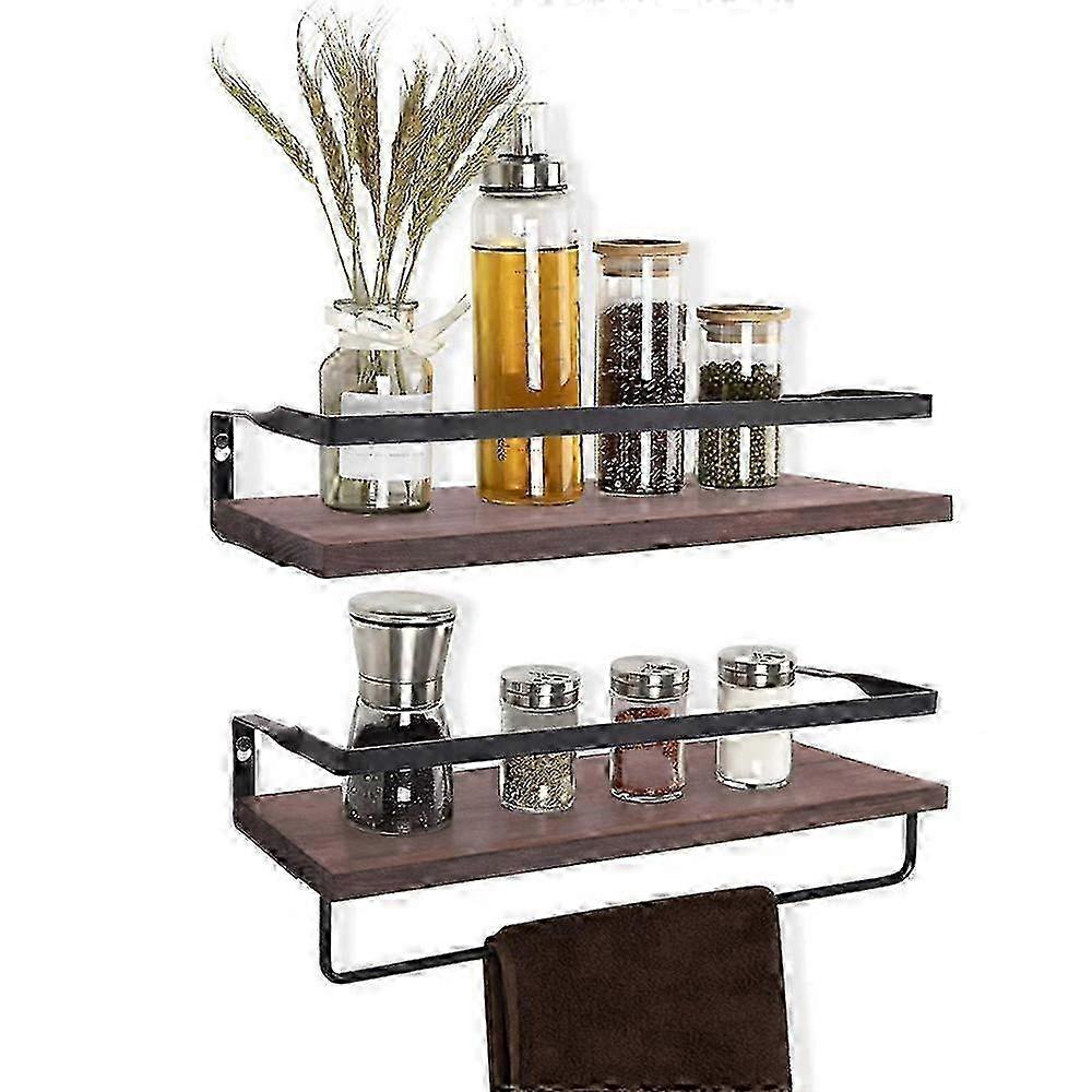 2PCS Large Rustic Wall Floating Shelf Bathroom Utility Decorative Rack with Towel Rod