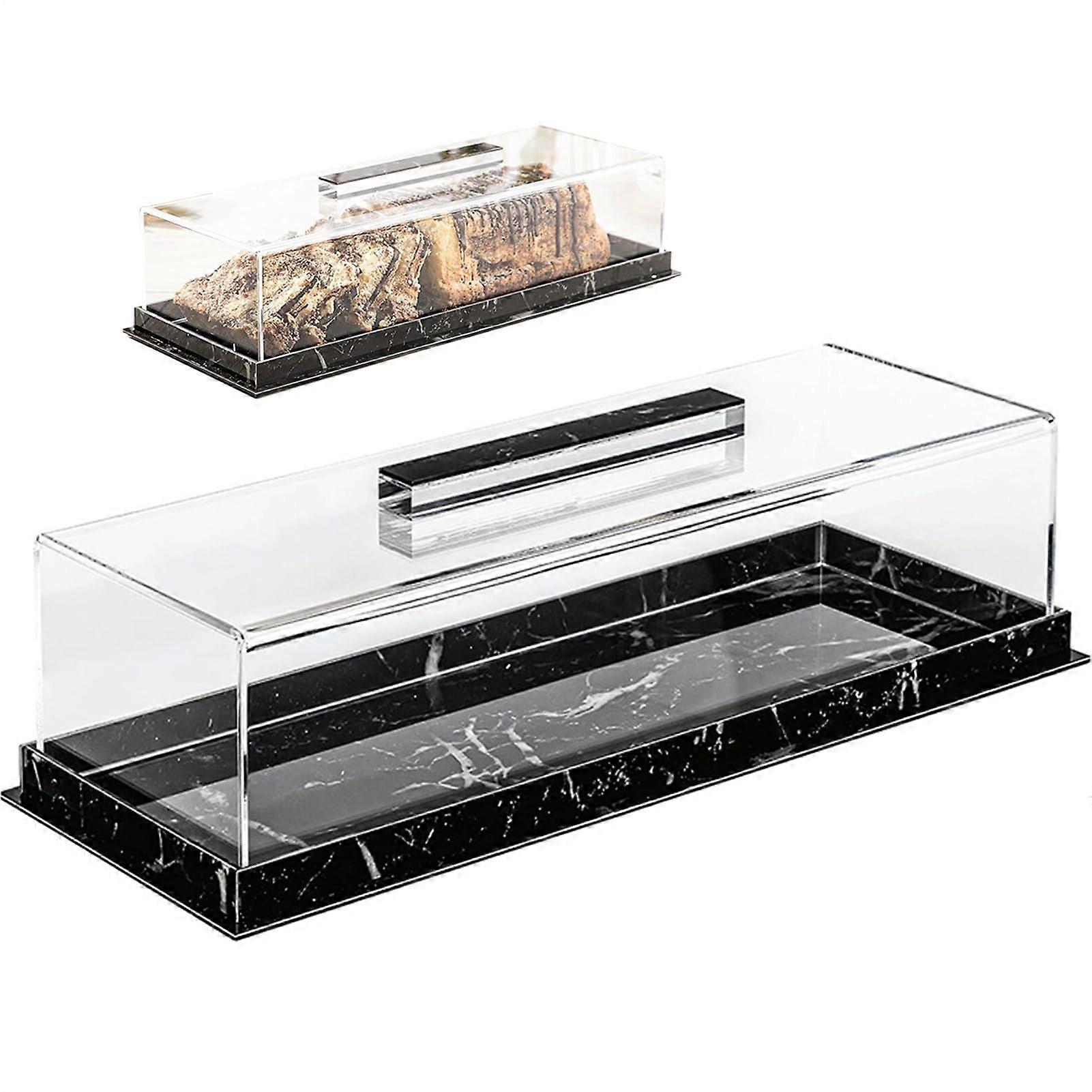 Acrylic Cake Tray With Lid Rectangular Dessert Holder Multipurpose Pastry Storage Container Black Marble