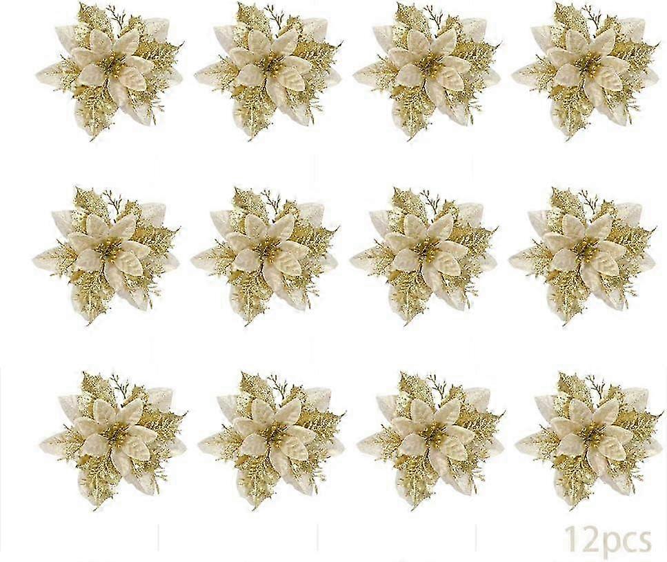 Artificial Christmas Flowers 24 Pieces with Glitter Christmas Tree