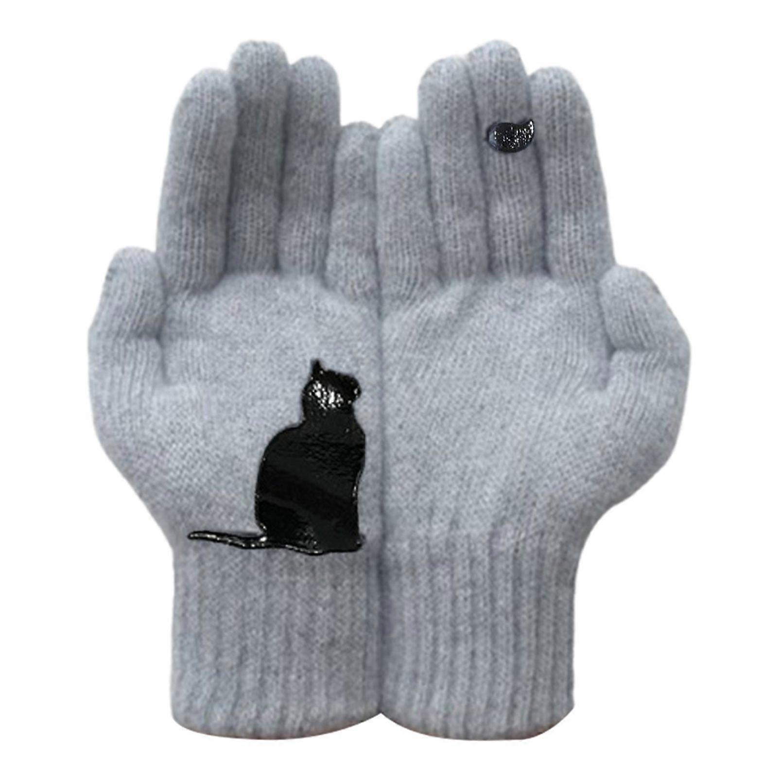 Mengxi 1 Pair Winter Knitted Gloves Thick Plush Solid Color Cat And Bird Printing High Elasticity Windproof Keep Warm Cycling Gloves