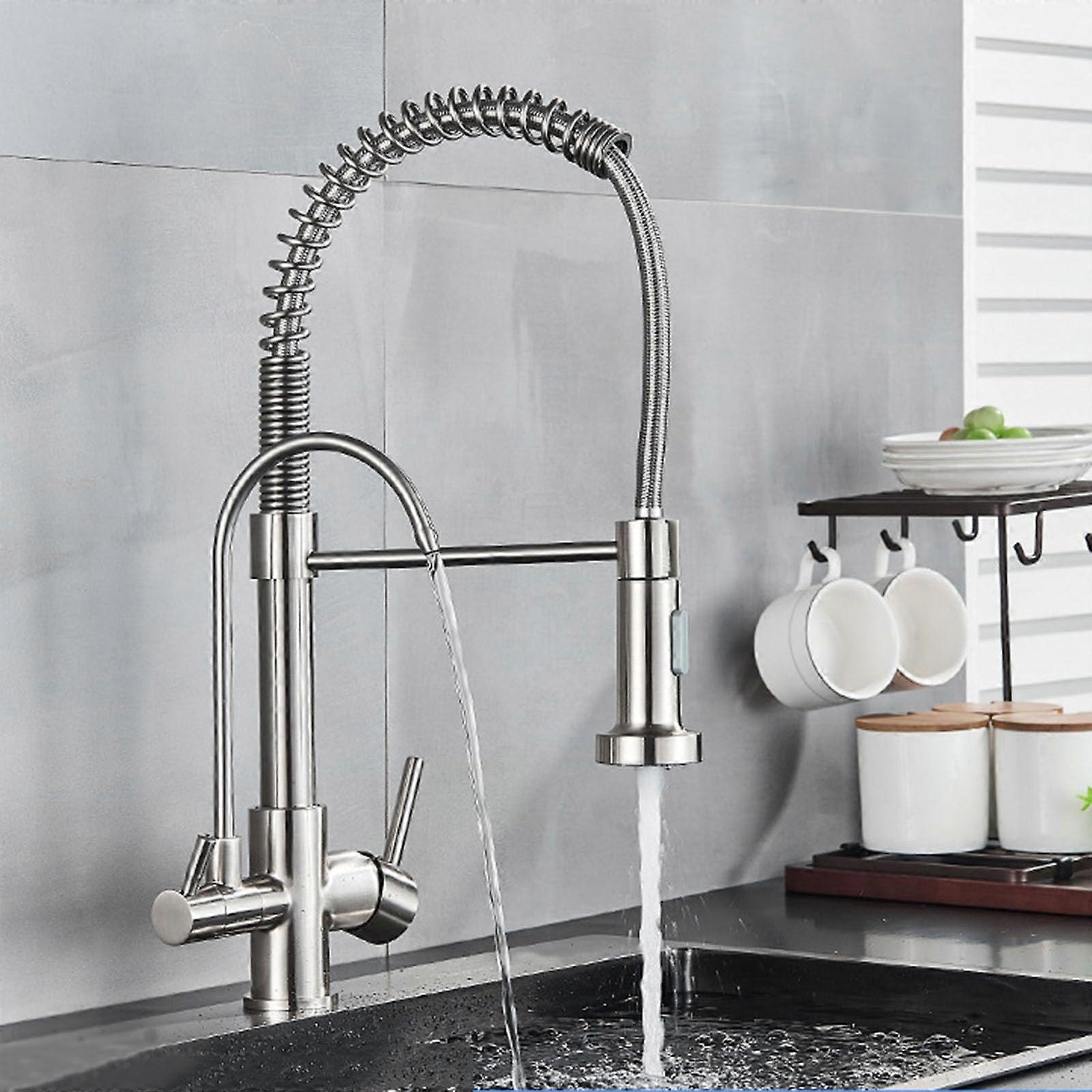 Kitchen Spring Water Filter Faucet with Double Handle, Black Pull Down Mixer Tap