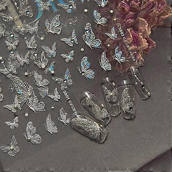 Adesivi per nail art a forma di farfalla in rilievo 5D, decalcomanie per unghie con farfalle bianche e brillanti, con strass, design autoadesivo per unghie a forma di farfalla.
