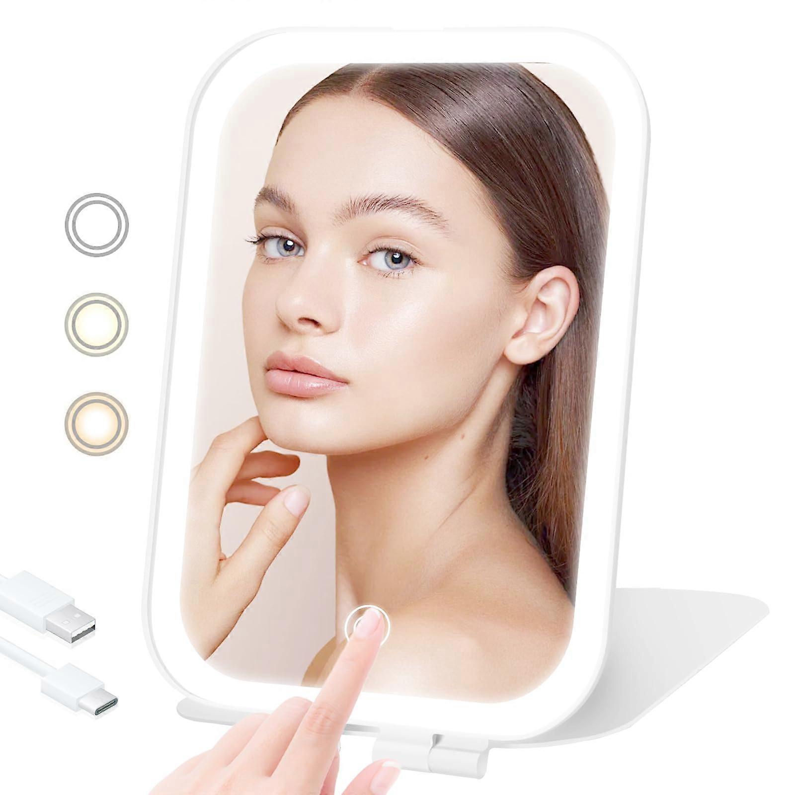 Lighted Travel Makeup Mirror with Three Color LED, USB Rechargeable, Touch Brightness Control, White