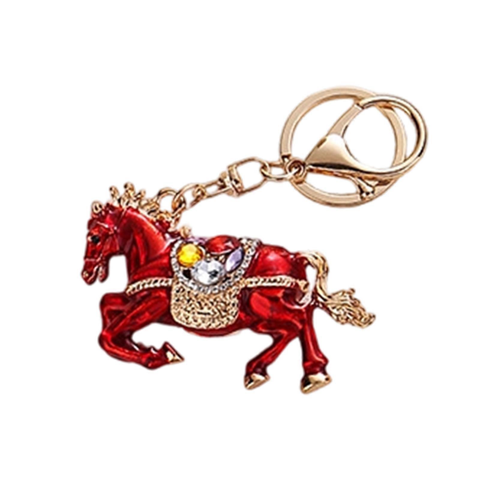 Multi Purpose Alloy Horse Keychain Chinese Zodiacal Inspired 3D Rhinestones Art Wallet Pendant for Various Items  Red