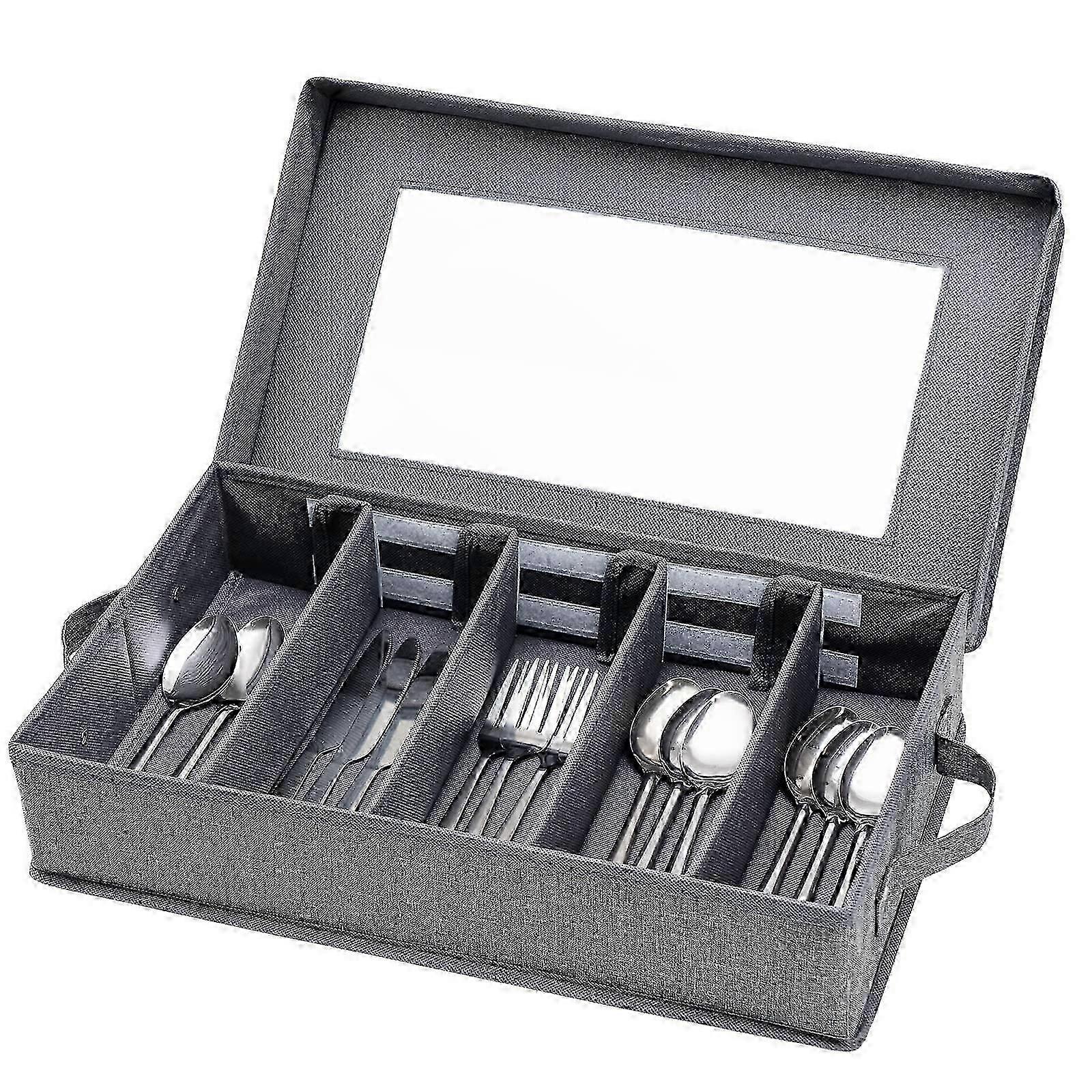 Silverware storage box with adjustable dividers, gray