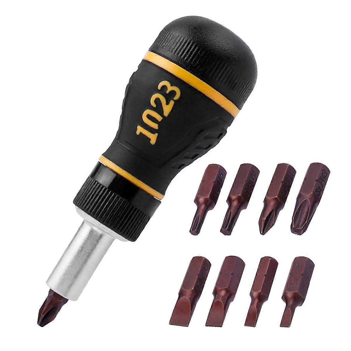9 in 1 Ratcheting Screwdriver Set with Magnetic Bits, Compact Stubby Design for Tight Spaces