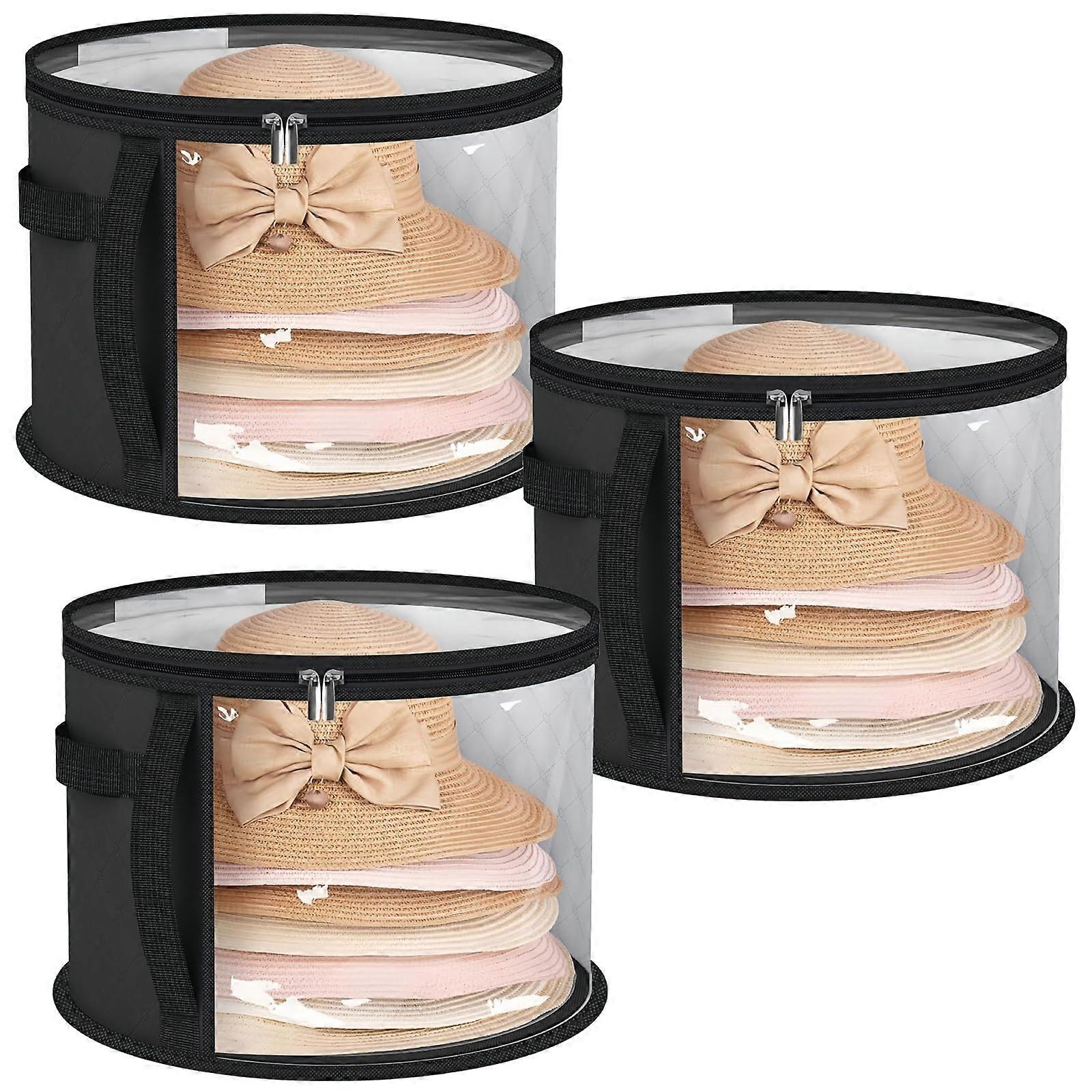 3 Packs Black Stackable Hat Storage Bags with Clear Sides, Round Hat Organizer for Multiple Sizes