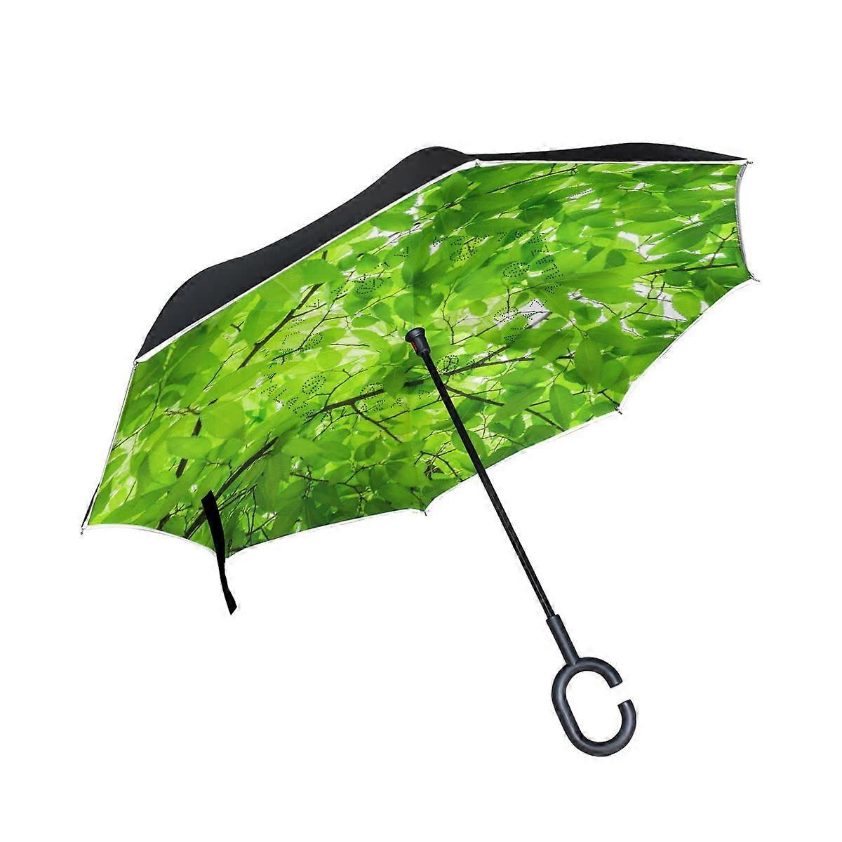Tree Green Reverse Inverted Umbrella for Women, Windproof Double Layer UV Protection C Handle