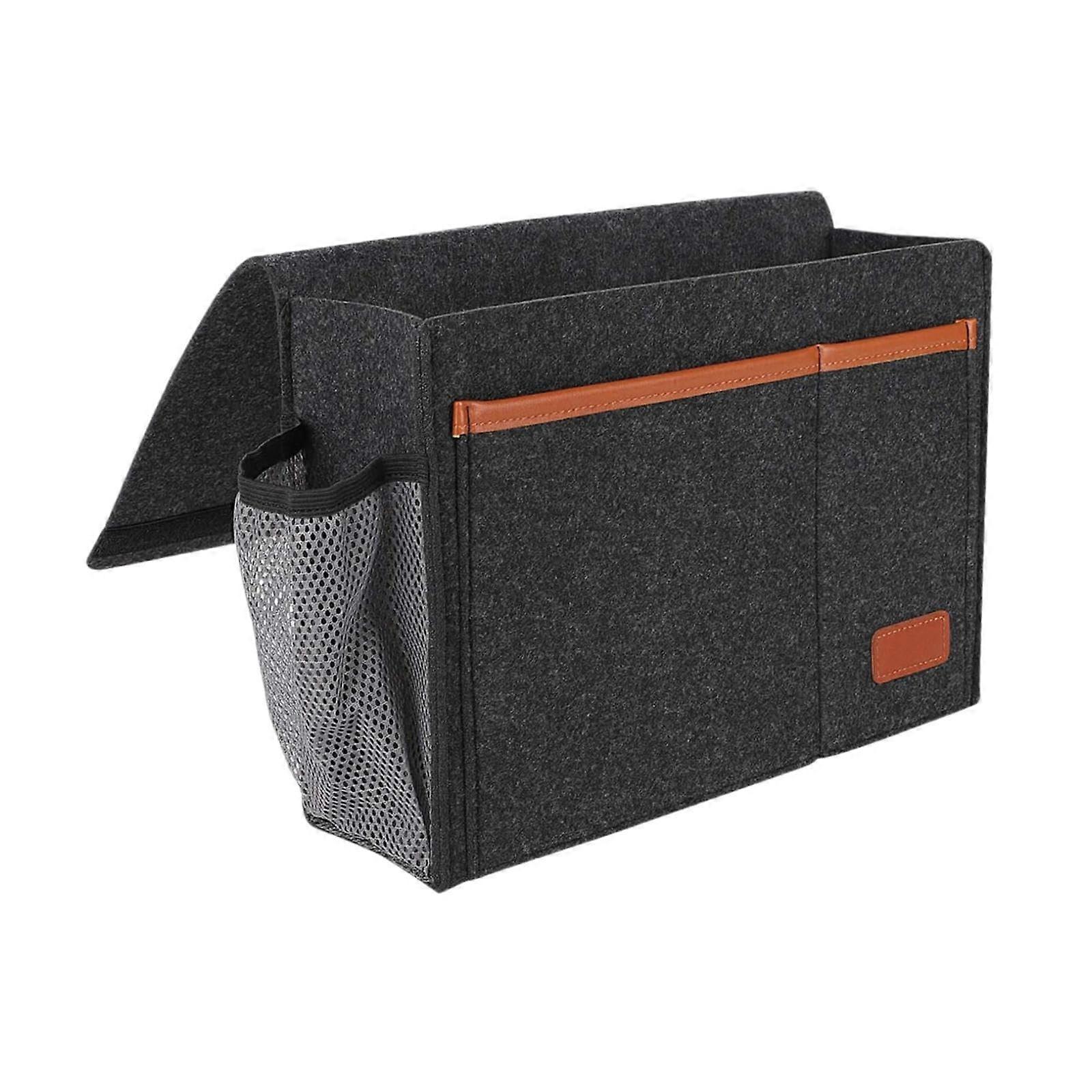 Bedside Organizer with MultiPocket Storage for Books, Remotes and Water Bottle, Dark Grey
