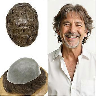 Toupet pour homme, système de remplacement capillaire Full Poly Skin 100 % cheveux humains, ligne frontale invisible, 20 x 25 cm, châtain clair moyen avec 20 % de cheveux gris.
