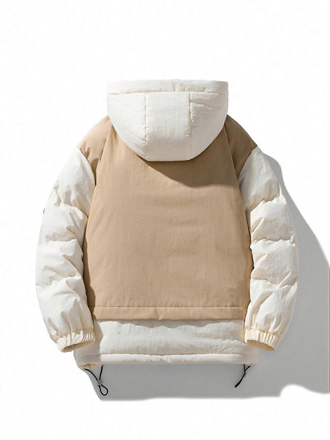 Men Two Tone Drawstring Hem Hooded Winter Coat