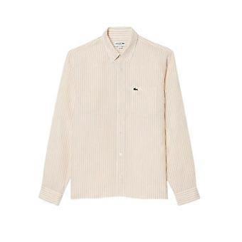 Lacoste Mens Striped Linen Regular Button-Down Shirt