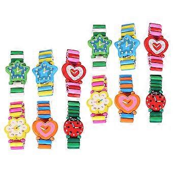 Creative Wooden Toy Watch for Kids Cartoon Design Wristwatch 12Pcs Set