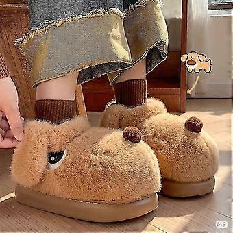 Cartoon Dog Slippers Women Winter Plush Fleece Lined Warm Couple Shoes Thick Home Slippers Beige SIZE 36-45