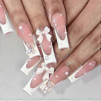 White French Tip Press On Nails Long Square Fake Nails Matte Pink Glossy Acrylic 24pcs Set