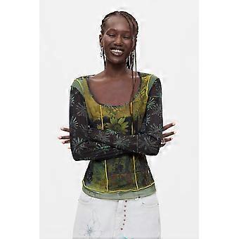 Desigual Vilna Green Semi Sheer Mesh Top Long Sleeve 26WWTK52