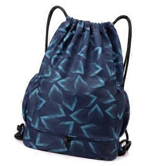Wet and Dry Swimming Gear Backpack with Zippered Bottom Compartment, Cord Shoulder Carry, and Space for Pool Gear and Towels  gray blue pattern