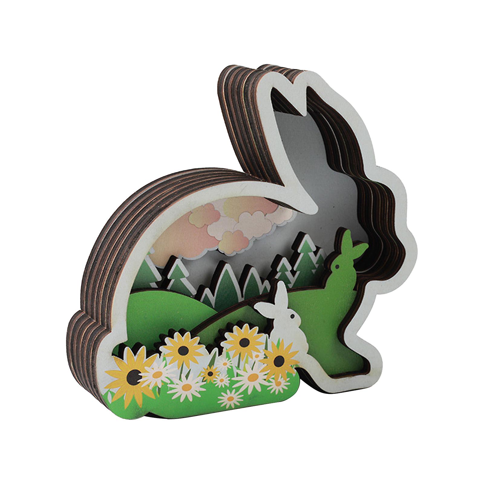 Forest Animals Wooden Rabbit Decor,Creative Rabbit Sculptures Statues with Hollowed Wood Multilayers