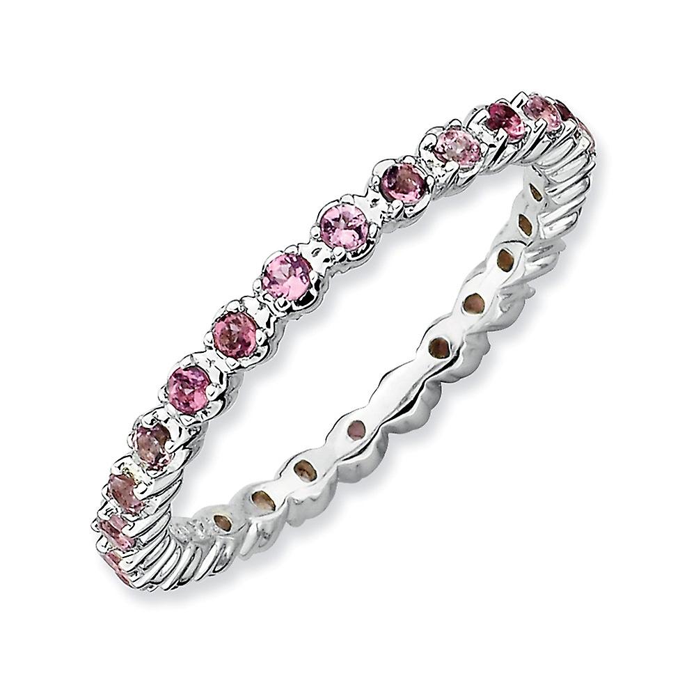 925 Sterling Silver Polished Prong set Patterned Stackable Pink Tourmaline Ring-Stackable-Ring for Women - Ring Size: 5