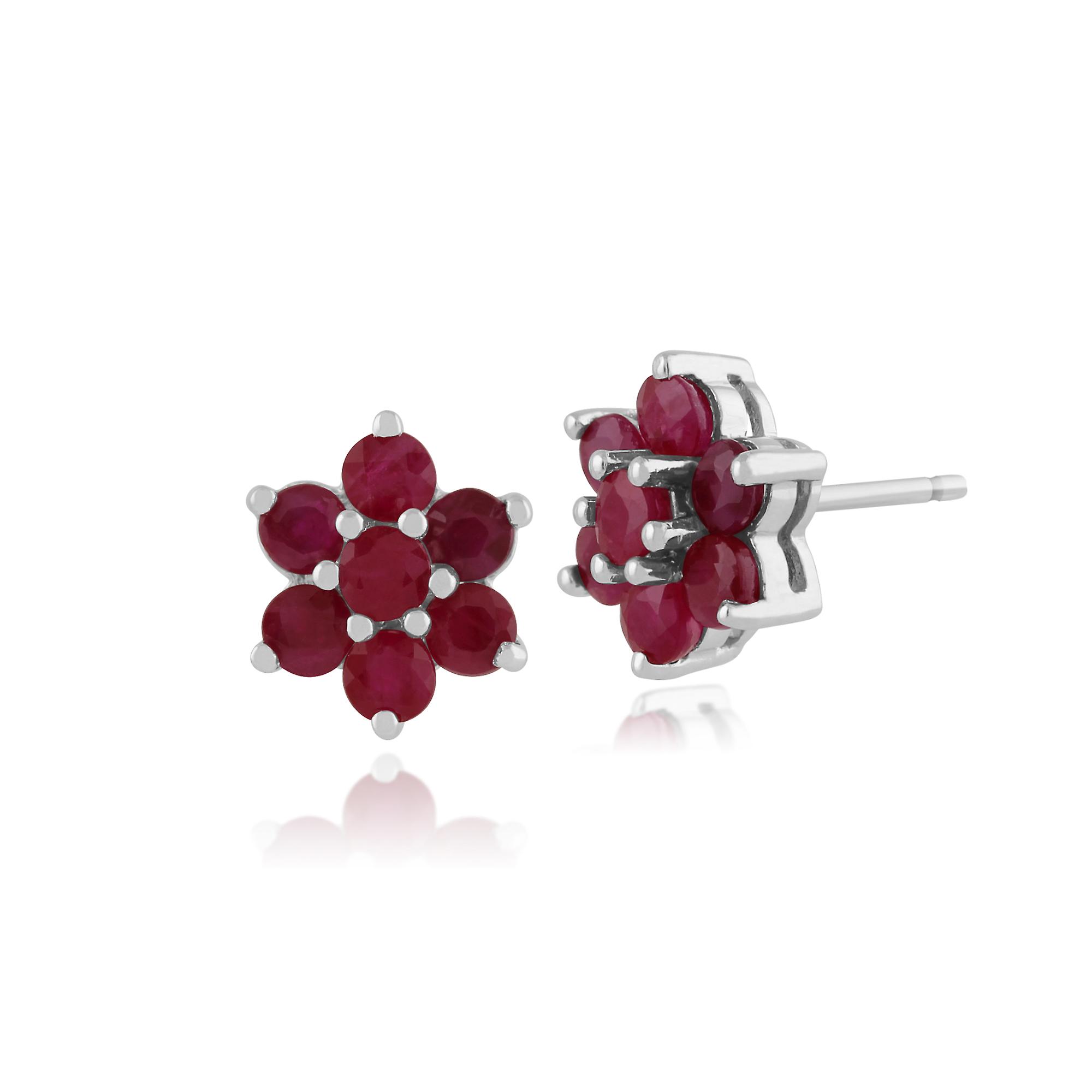 Floral Round Ruby Cluster Stud Earrings in 925 Sterling Silver 270E014008925