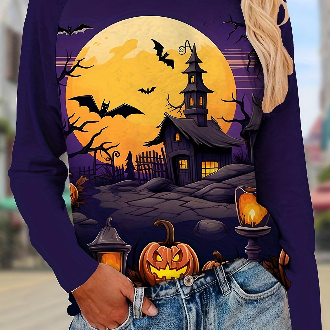 Halloween Grafisk Tryck Besättning Hals T-shirt Casual Långärmad Topp För Vår &; Höst Kvinnor S Kläder