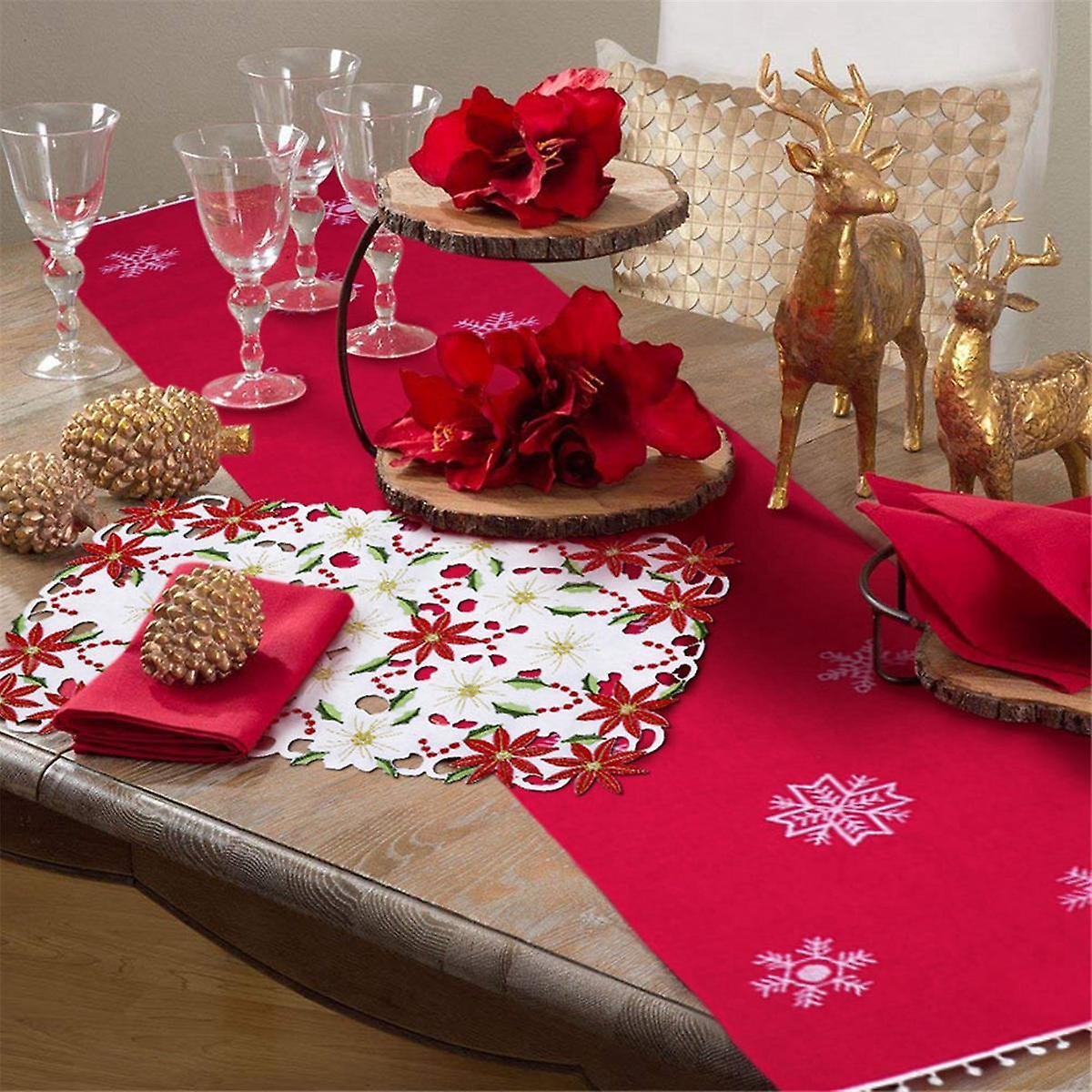 Placemats Set of 6 Embroidered Christmas Poinsettia & Holly Design, 11x17 Inch Christmas Table Deco