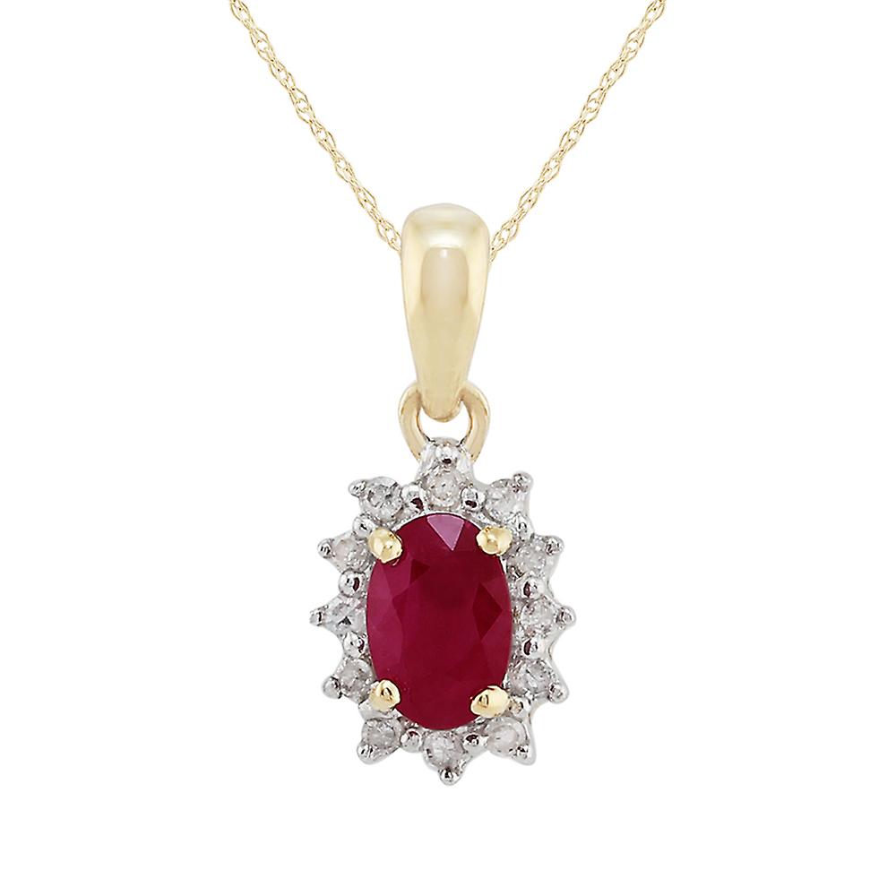 Classic Oval Ruby & Diamond Cluster Pendant Necklace in 9ct Yellow Gold 27017