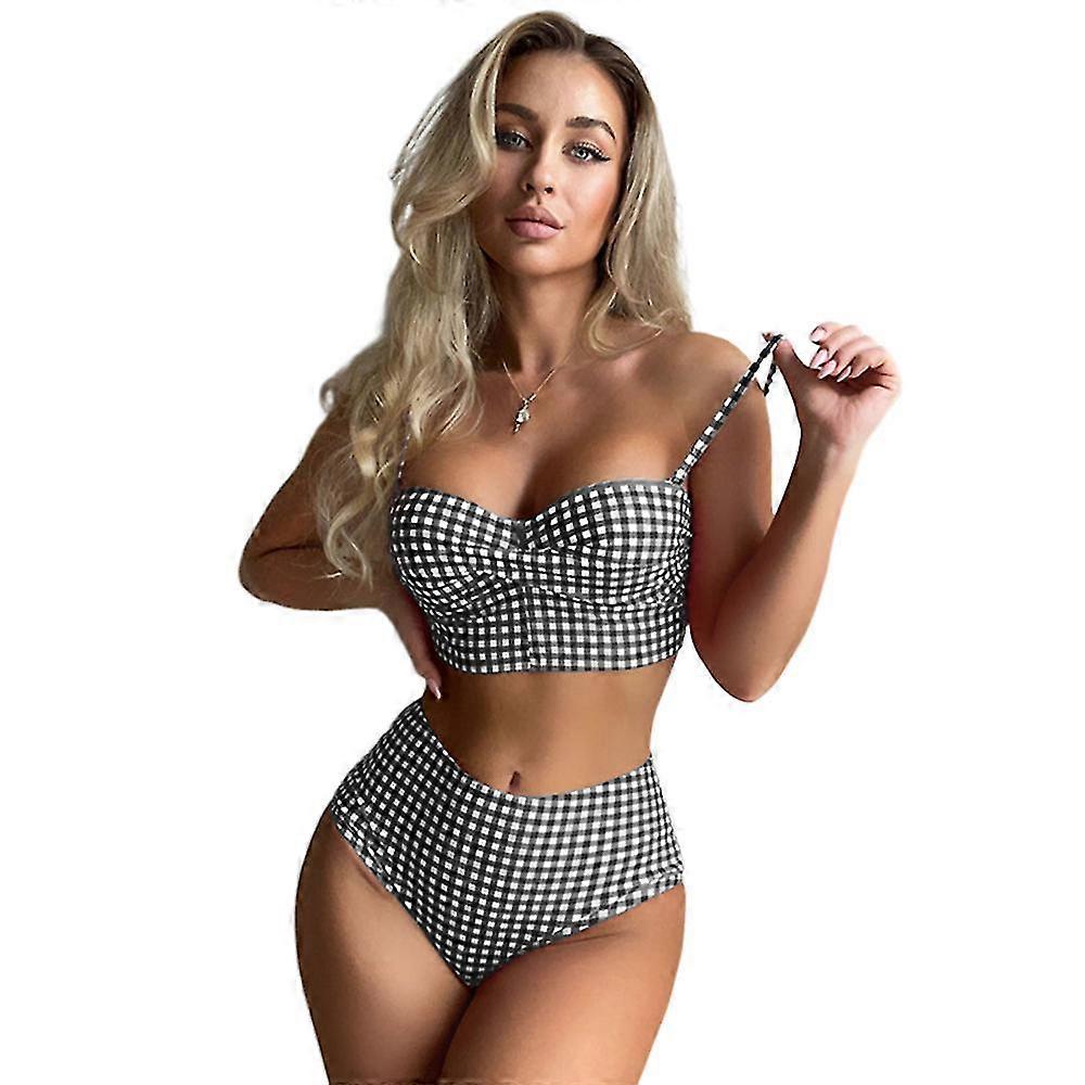 Womens Ladies Padded Push Up High Waisted Bikini Check Swimsuit Swimwear Bathing Suit Summer Beachwear