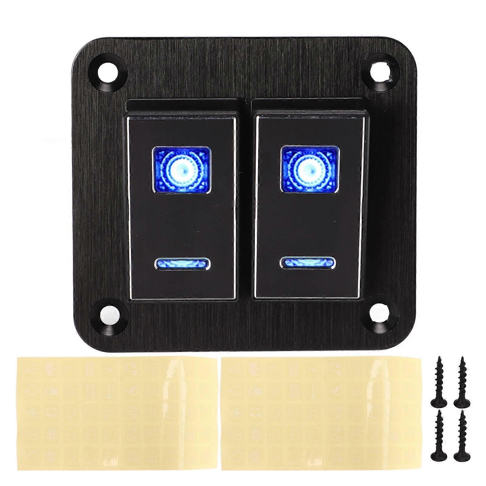 2 Blok Rocker Switch Panel Vandtæt ON OFF Blå baggrundsbelyst aluminiumslegering Anodize Sort Børstet Til Bil Båd Lastbil RV YEMAA